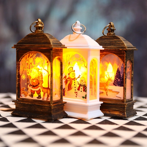 Weihnachten LED Windlaterne Retro Weihnachtsmann Rentier Schneemann Muster Dekorative Kerze Licht Desktop Ornament Geschenk