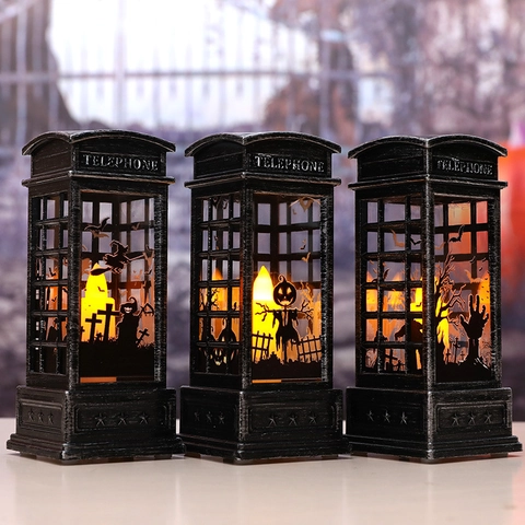 Halloween Lantern LED Candle Vintage Telephone Booth Shape Plastic Witch Pumpkin Silhouette Tabletop Mystery Decor