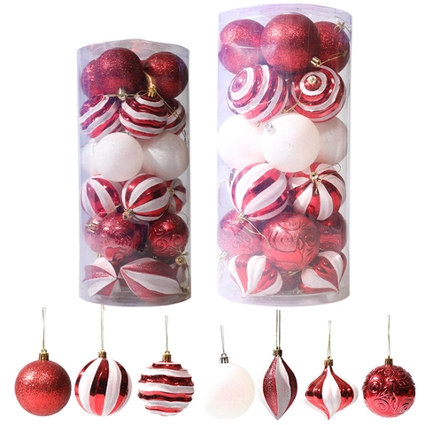 Set Palle di Natale in Plastica Bianche e Rosse Decorazioni da Appendere per Albero con Glitter a Strisce per la Casa