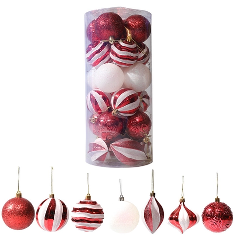 Set Palle di Natale in Plastica Bianche e Rosse Decorazioni da Appendere per Albero con Glitter a Strisce per la Casa