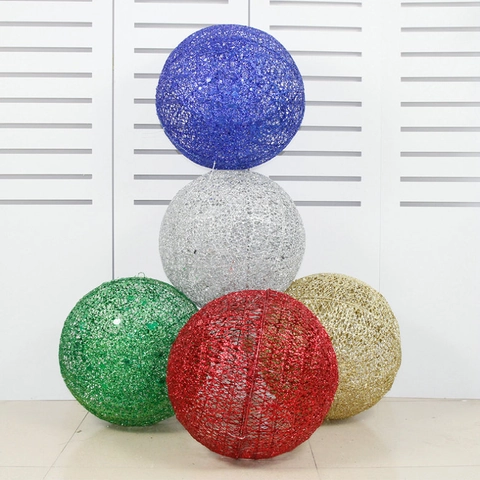 Boule de Noël en Fer avec Paillettes Décoration Suspendue Vitrine Hôtel Lobby Plafond Ornements Or Argent Grande Maille Métal
