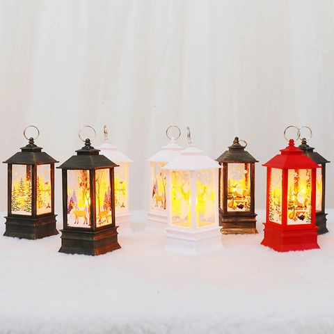 Large Christmas LED Wind Lantern Retro Decorative Light Hanging Ornaments For Tabletop Home Party Xmas Gifts Santa Reindeer Pattern