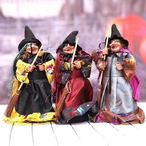 Halloween Witch Doll Decoration Cloth Resin Horror Props With Broom Witch Figurine Ornaments For Halloween Party Home Decor