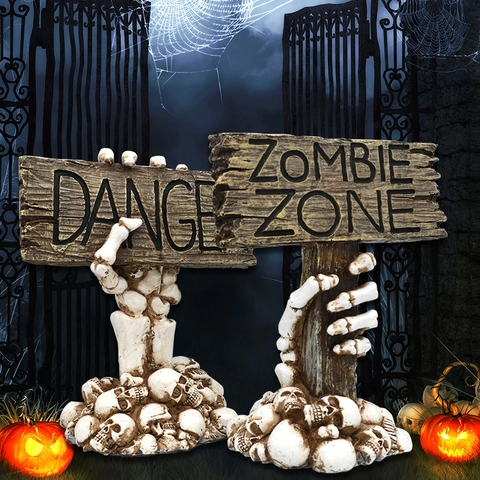 Ornamento in Resina con Cartello Mano di Scheletro Halloween Decorazione del Cimitero Horror Pericolo Zona Zombie Festa Prop