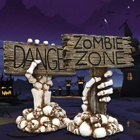 Ornamento in Resina con Cartello Mano di Scheletro Halloween Decorazione del Cimitero Horror Pericolo Zona Zombie Festa Prop