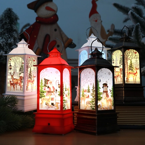 Christmas Music Wind Lantern LED Decorative Plastic Vintage Hanging Santa Snowman Reindeer Home Ornament Gift