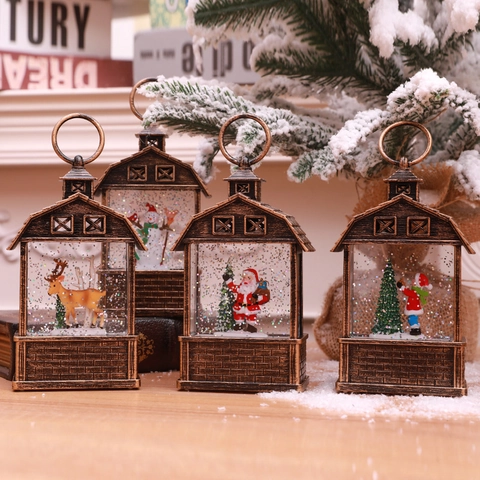 Vintage Christmas Barn Lantern LED Night Light Water Filled Glitter Snow Globe Santa Snowman Elk Decorative Ornament
