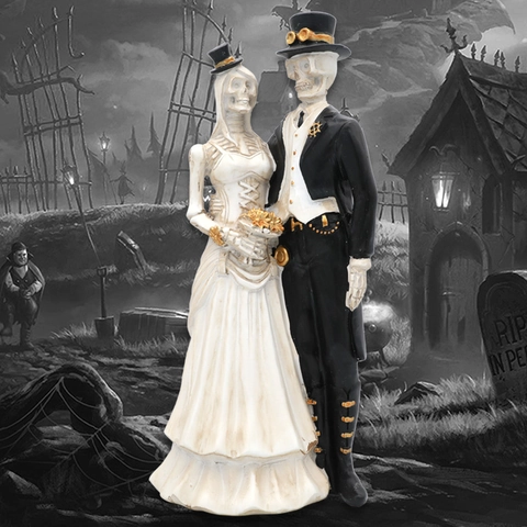 Statues de Couple de Mariage Squelette Gothique en Résine Steampunk Figurines Mariés pour Décoration Halloween