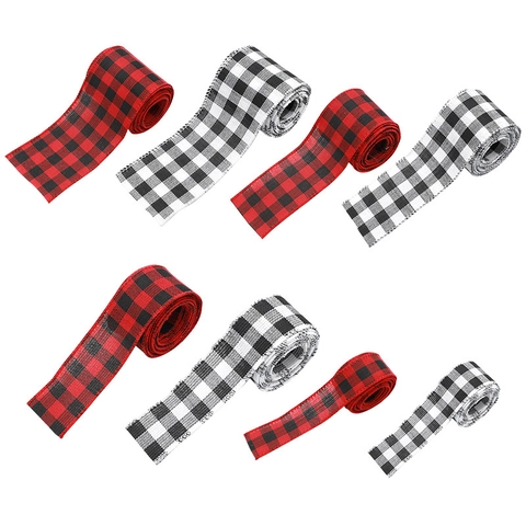 Cinta Navideña de Cuadros Buffalo Rojo Negro Blanco Negro Poliéster Cinta de Tela para Envolver Regalos Decoración de Árbol