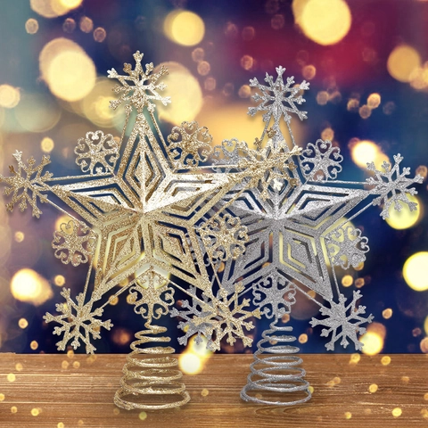 Grande Puntale per Albero di Natale a Stella in Ferro Glitterato Con Design a Fiocco di Neve Oro Argento Traforato per Casa