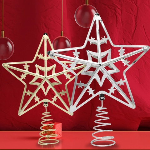 Cime de Sapin de Noël Étoile en Fer Électroplaqué Pentagramme Creux Décoration Ornement Avec Base en Spirale Pour Maison Fête
