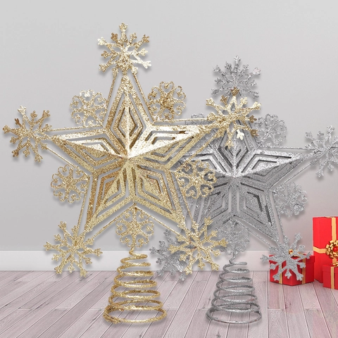 Grande Puntale per Albero di Natale a Stella in Ferro Glitterato Con Design a Fiocco di Neve Oro Argento Traforato per Casa