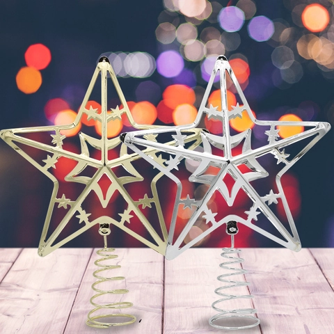 Cime de Sapin de Noël Étoile en Fer Électroplaqué Pentagramme Creux Décoration Ornement Avec Base en Spirale Pour Maison Fête