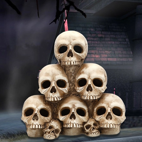 Halloween LED Stacked Skull Skeleton Heads Decoration Resin Gothic Ornament For Haunted House Party Home Table Decor