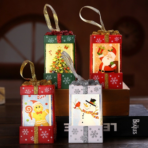 Christmas LED Gift Box Lantern Santa Snowman Gingerbread Man Tree Light Up Night Light Festive Holiday Party Home Decor