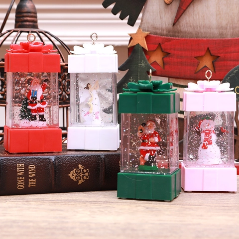 LED Christmas Snow Globe Lantern Water Filled Glitter Gift Box Shape Hanging Ornament Santa Snowman Angel Decor Night Light