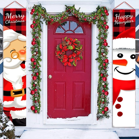Bannière de Noël en Tissu Oxford Durable Avec Motifs Père Noël Bonhomme de Neige Gnome Décoration Festive Joyeux Noël Bonne Année pour Porte Extérieure Murale