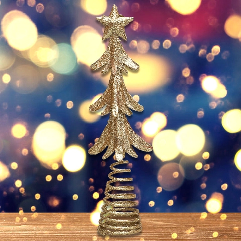 Puntale per Albero di Natale in Metallo Glitterato Stella Elegante Oro Champagne Design Albero a Tre Strati Decorazione Casa