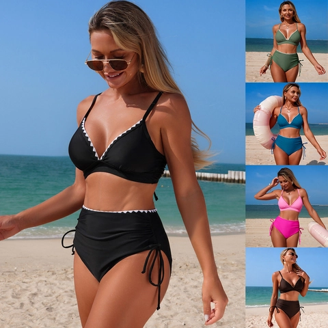 Women Scalloped Embroidered Bikini Set High Waist Two Piece Swimsuit Solid Color Quick Dry Beachwear Bathing Suit