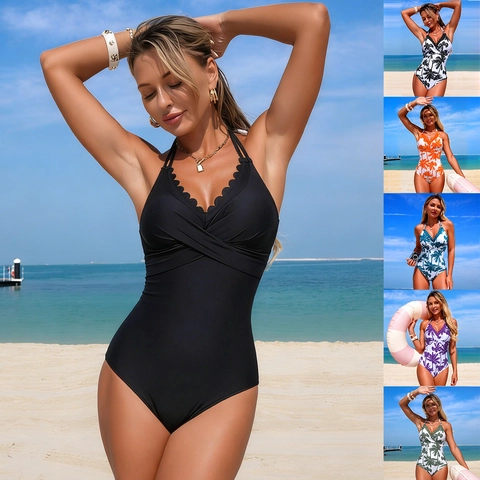 Halter One Piece Swimsuit Women Scalloped Trim V Neck Printed Monokini Bathing Suit Sexy Palm Tree Summer Beachwear Swimwear