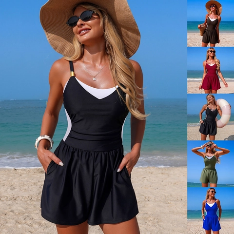 Dames Conservatief Badpak uit één Stuk Sportieve Romper Zwemjurk Met Metalen Ring Detail Nylon Hoge Elasticiteit Strandkleding