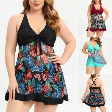 Plus Size Women Two Piece Swimsuit Conservative Skirt Style Printed Tankini With Boyshorts V Neck Bowknot Halter Swimdress