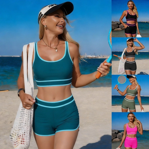 Women Sporty Two Piece Swimsuit Contrast Trim High Waist Bikini Set Nylon Patchwork Stretchy Bathing Suit For Beach Pool