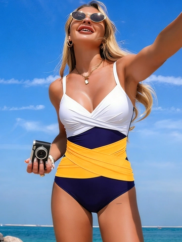Women Sexy Color Block One Piece Swimsuit Nylon High Elasticity Crossover Waist V Neck Bathing Suit Beach Vacation Sporty Swimwear