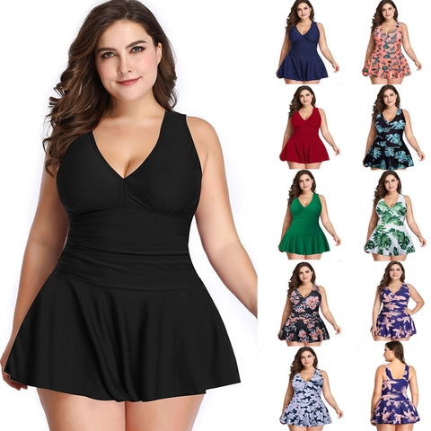 Plus Size Women Swimdress V-Neck Floral Print Conservative Swimwear With Shorts Beach Bathing Suit Plus Size Fashion
