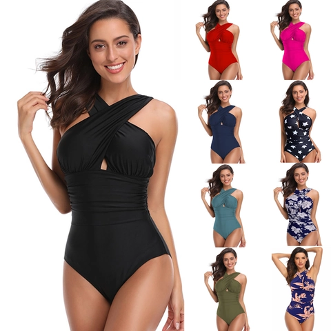 Women Sexy Criss Cross Halter One Piece Swimsuit Ruched Tummy Control Bathing Suit Backless Hollow Monokini Nylon Swimwear