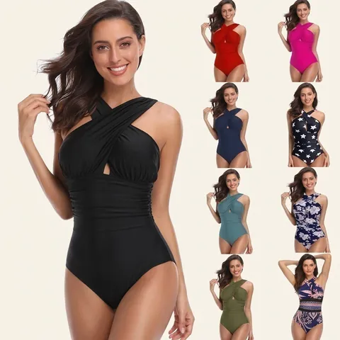 Women Sexy Criss Cross Halter One Piece Swimsuit Ruched Tummy Control Bathing Suit Backless Hollow Monokini Nylon Swimwear