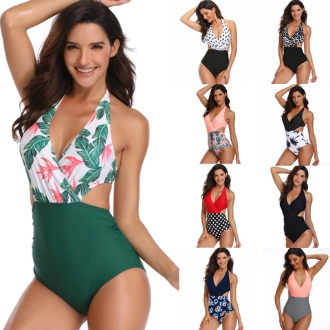 Women Halter One Piece Swimsuit Sexy Hollow Out Monokini High Waist Printed Bathing Suit Beachwear Nylon Polyester