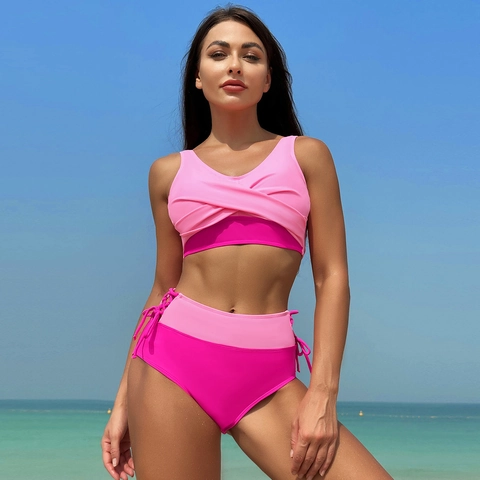 Women Sexy Colorblock Bikini Top And Bottom Nylon Patchwork Beachwear Cross Wrap Bathing Suit For Vacation Summer Fashion