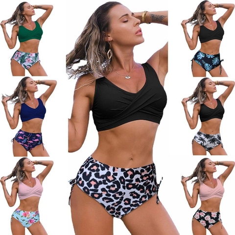 Women Sexy High Waist Bikini Set Two Piece Cross V-Neck Swimsuit With Side Drawstring Bottom Beach Bathing Suit