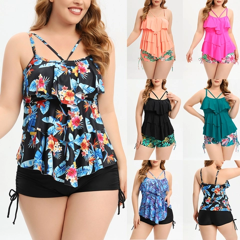 Women Plus Size Tankini Two Piece Swimsuit Ruffled Floral Print Modest Bathing Suit Boyshorts Set High Waist Beachwear