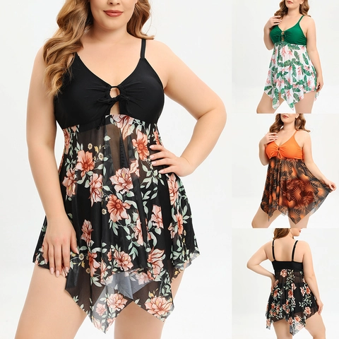 Plus Size Tankini Swimsuit For Women Sexy Floral Print Mesh Skirt V Neck Bathing Suit Top And Boyshorts Bottom Beachwear