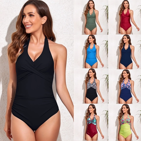 Women Halter One Piece Swimsuit Tummy Control Ruched Criss Cross Bathing Suit Sexy V Neck Backless Monokini Swimwear
