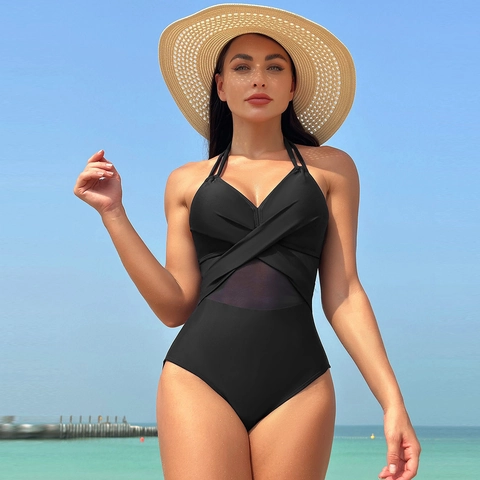 Women Sexy One Piece Swimsuit Halter Neck Mesh Patchwork Cut Out Solid Color Quick Dry Monokini Beachwear For Vacation