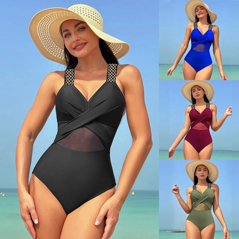 Women Sexy One Piece Swimsuit Halter Neck Mesh Patchwork Cut Out Solid Color Quick Dry Monokini Beachwear For Vacation