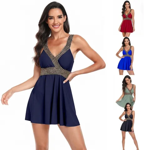 Women Plus Size Tankini Swimsuit V Neck Skirted Bathing Suit Braided Detail Tummy Control Split Two Piece Swimwear