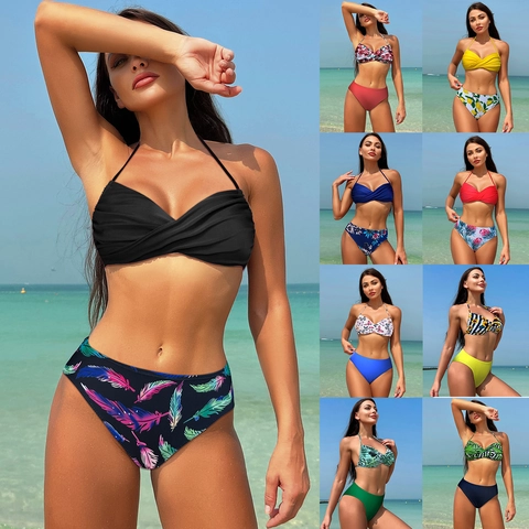 Women Halter Neck Bikini Set Sexy Tropical Floral Printed Two Piece Swimsuit Low Waist Beachwear Polyamide Spandex Bathing Suit