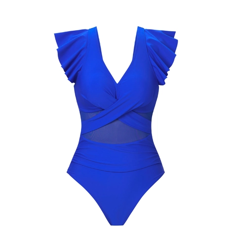 Women's V Neck Ruffle Sleeve One Piece Swimsuit Ruched Mesh Patchwork Monokini Slimming Bathing Suit Beachwear Swimwear