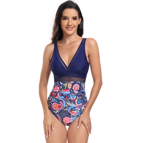 Women's Sexy V Neck One Piece Swimsuit With Sheer Mesh Patchwork Ruched Tummy Control Sleeveless Padded Beachwear Bathing Suit