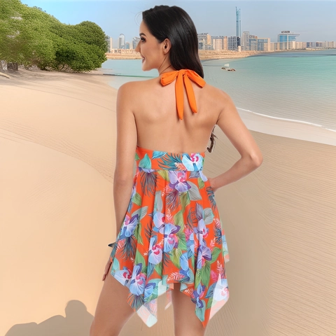 Women Halter Neck One-Piece Swimsuit Tropical Floral Print Mesh Asymmetrical Hem Slim Fit Bathing Suit For Beach Vacation