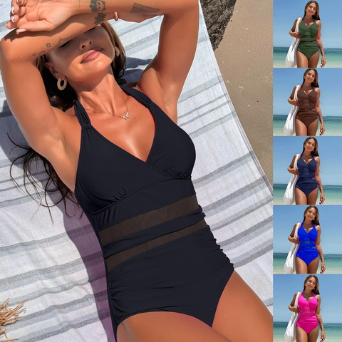 Women Halter V Neck Ruched Mesh Panel One Piece Swimsuit Sexy Tummy Control Monokini Solid Color Beach Bathing Suit