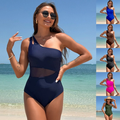 Women's One Shoulder One Piece Swimsuit Sexy Mesh Patchwork Cutout Bathing Suit Solid Color Beachwear Monokini