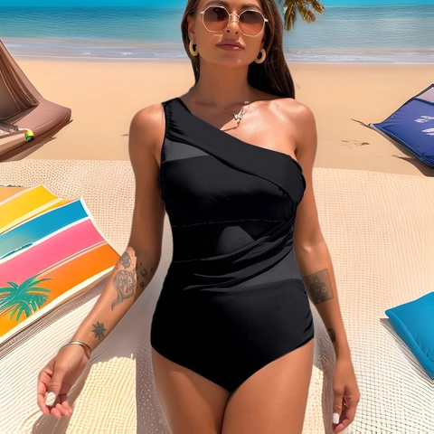 Damen Sexy One Shoulder Einteiliger Badeanzug Gerafft Mesh Patchwork Schlankmachend Monokini Hochelastische Bademode Für Urlaub