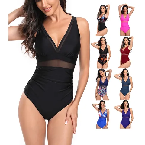 Women's Sexy V Neck One Piece Swimsuit With Sheer Mesh Patchwork Ruched Tummy Control Sleeveless Padded Beachwear Bathing Suit