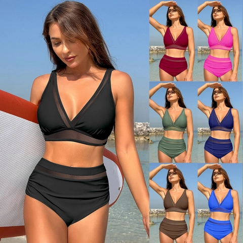 Women Sexy High Waisted Bikini Swimsuit With Mesh Stitching V-Neck Two-Piece Swimwear Beach Cover Up Skirt Sport Bathing Suit