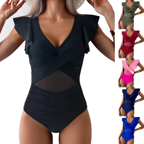 Women's V Neck Ruffle Sleeve One Piece Swimsuit Ruched Mesh Patchwork Monokini Slimming Bathing Suit Beachwear Swimwear